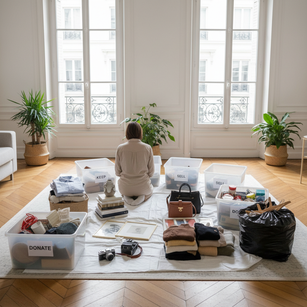 Tri organisé des affaires pour désencombrer un appartement