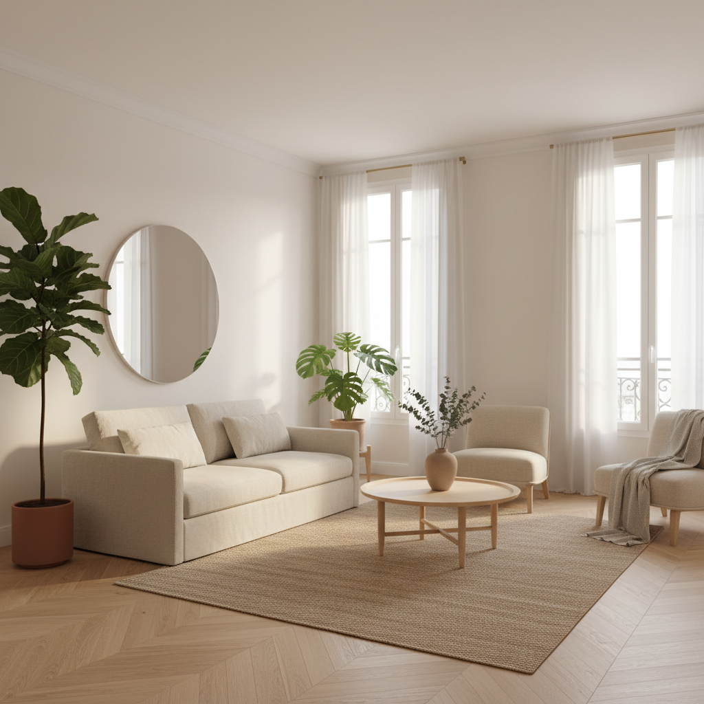 Salon d'appartement épuré après un désencombrement réussi