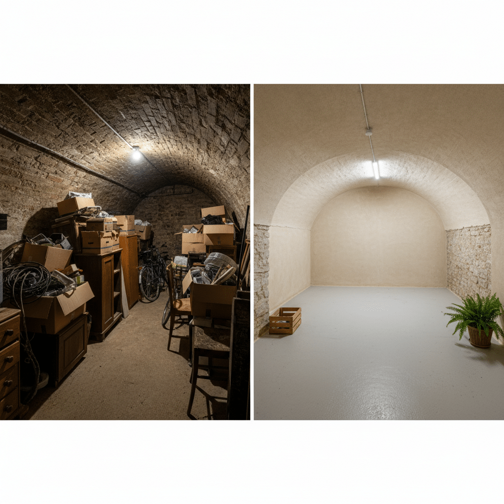 Avant/Après : débarras complet d'une cave de 15m² à Lyon 3e 1 Avant après débarras cave Lyon 3e - Derlot Débarras Lyon