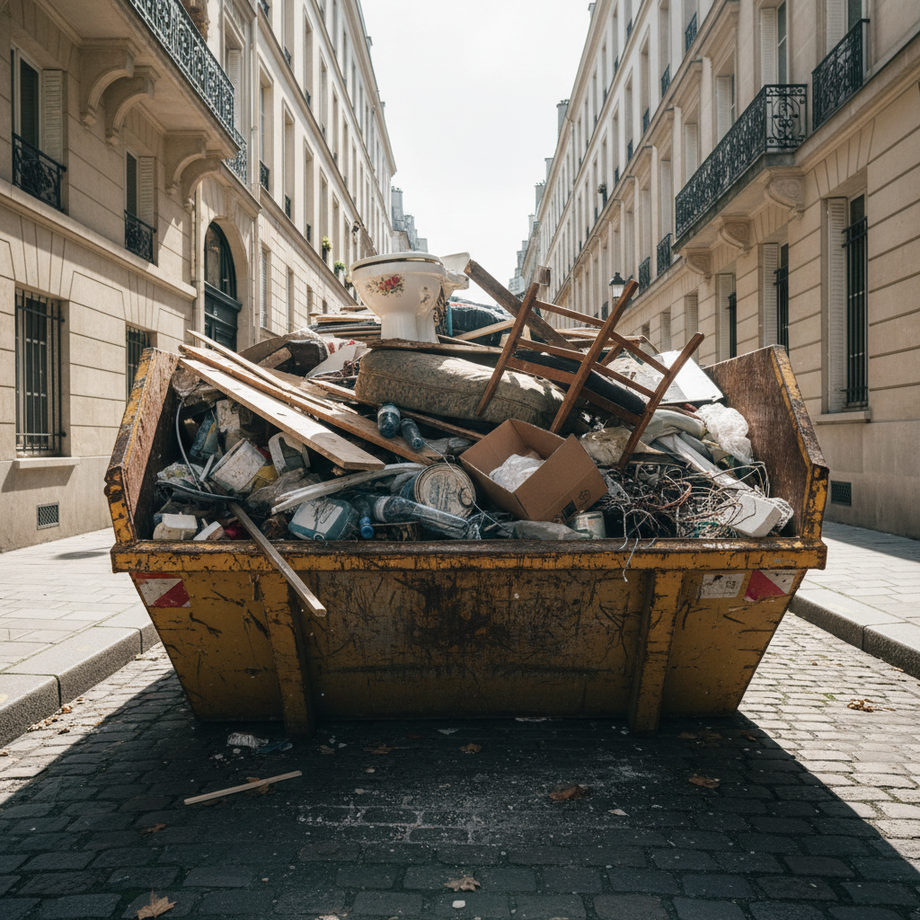 Que peut-on mettre dans une benne tout-venant ? Liste complète 1 Benne tout-venant remplie de déchets mixtes sur un chantier