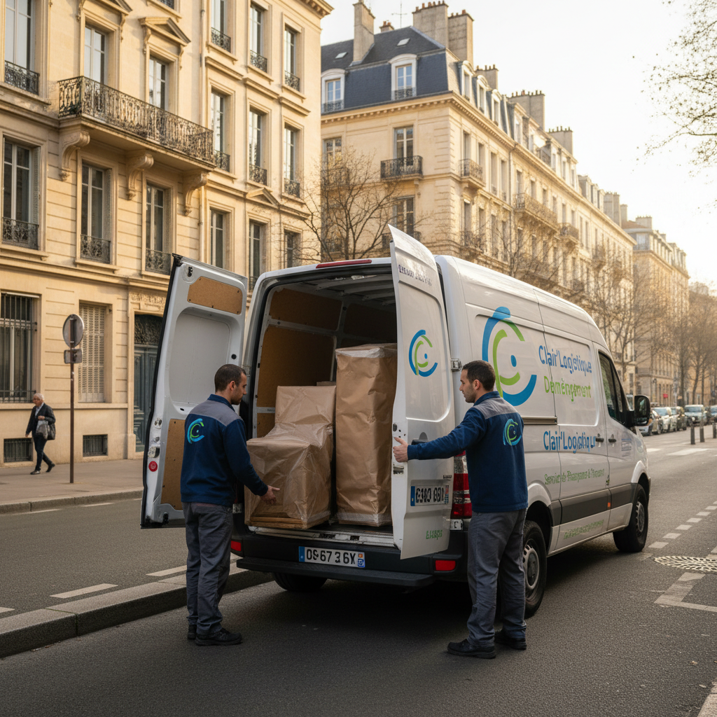 camion utilitaire Derlot devant un immeuble lors d'un débarras d'appartement à Lyon