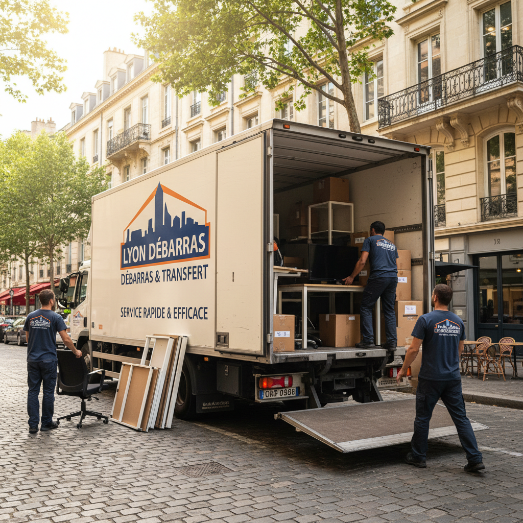 camion utilitaire Derlot devant un local de bureau à vider à Lyon