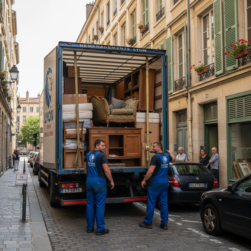 camion utilitaire Derlot stationné devant une maison à débarrasser à Lyon