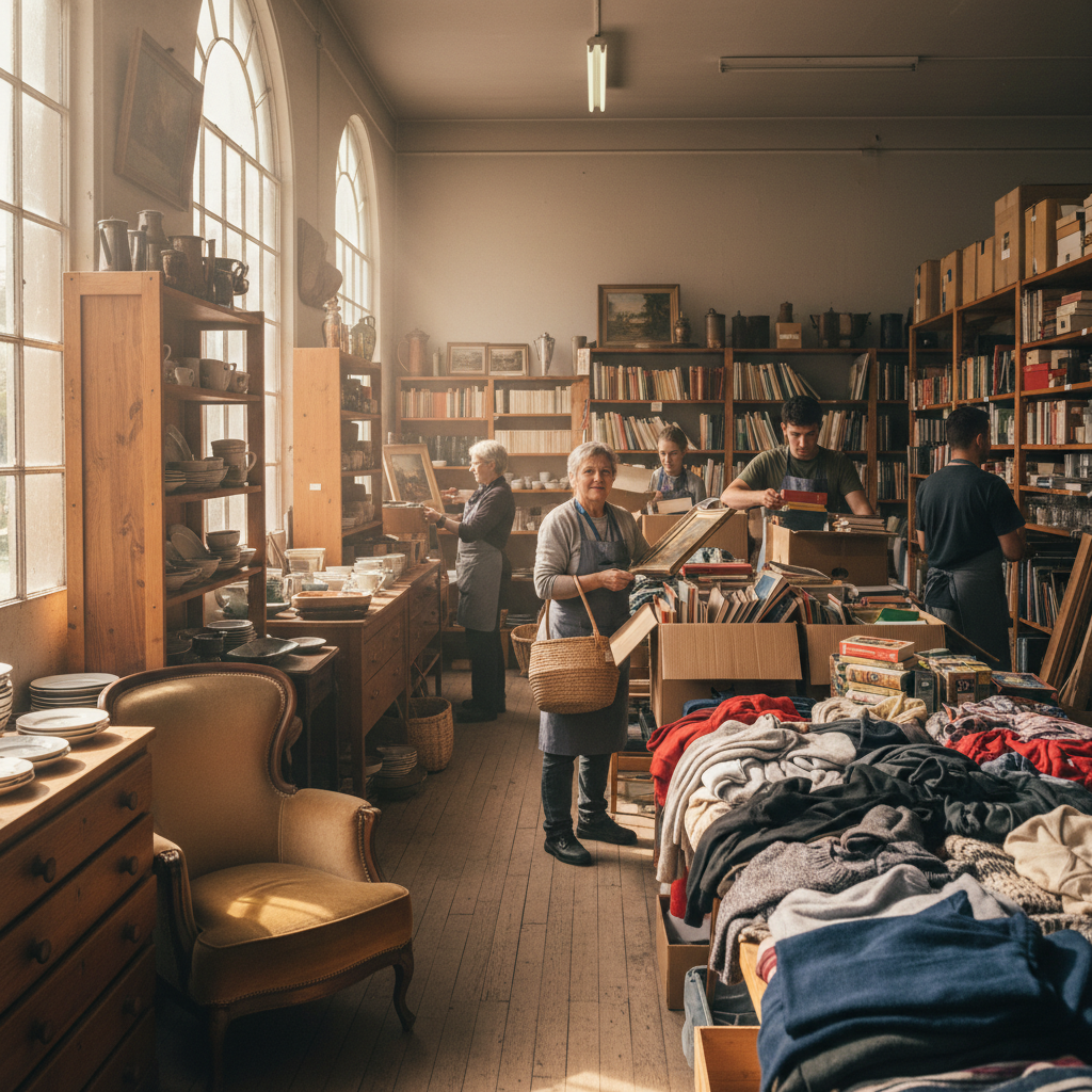 Intérieur d'une boutique Emmaüs avec meubles et objets donnés