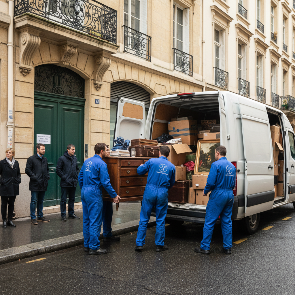 Équipe de débarras professionnel évacuant les objets non acceptés