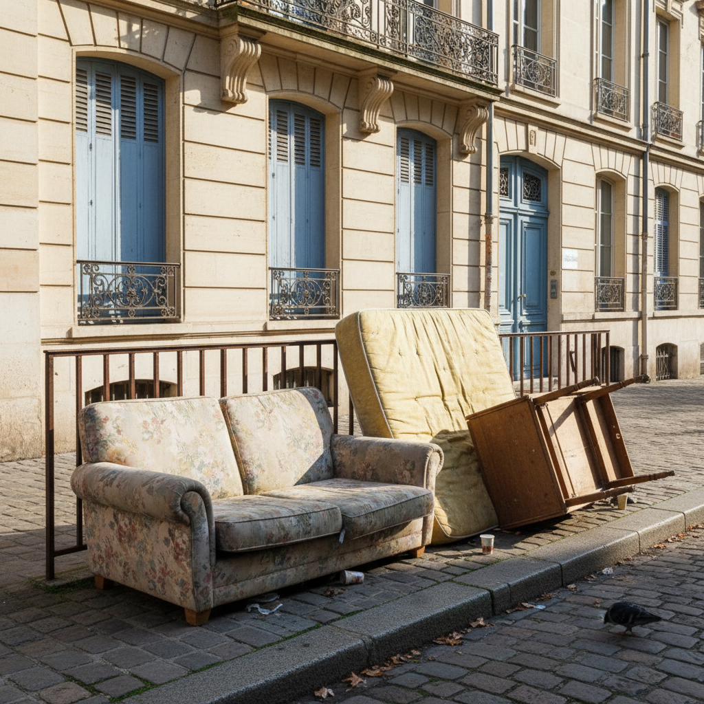 Encombrants en attente d'enlèvement devant un immeuble lyonnais