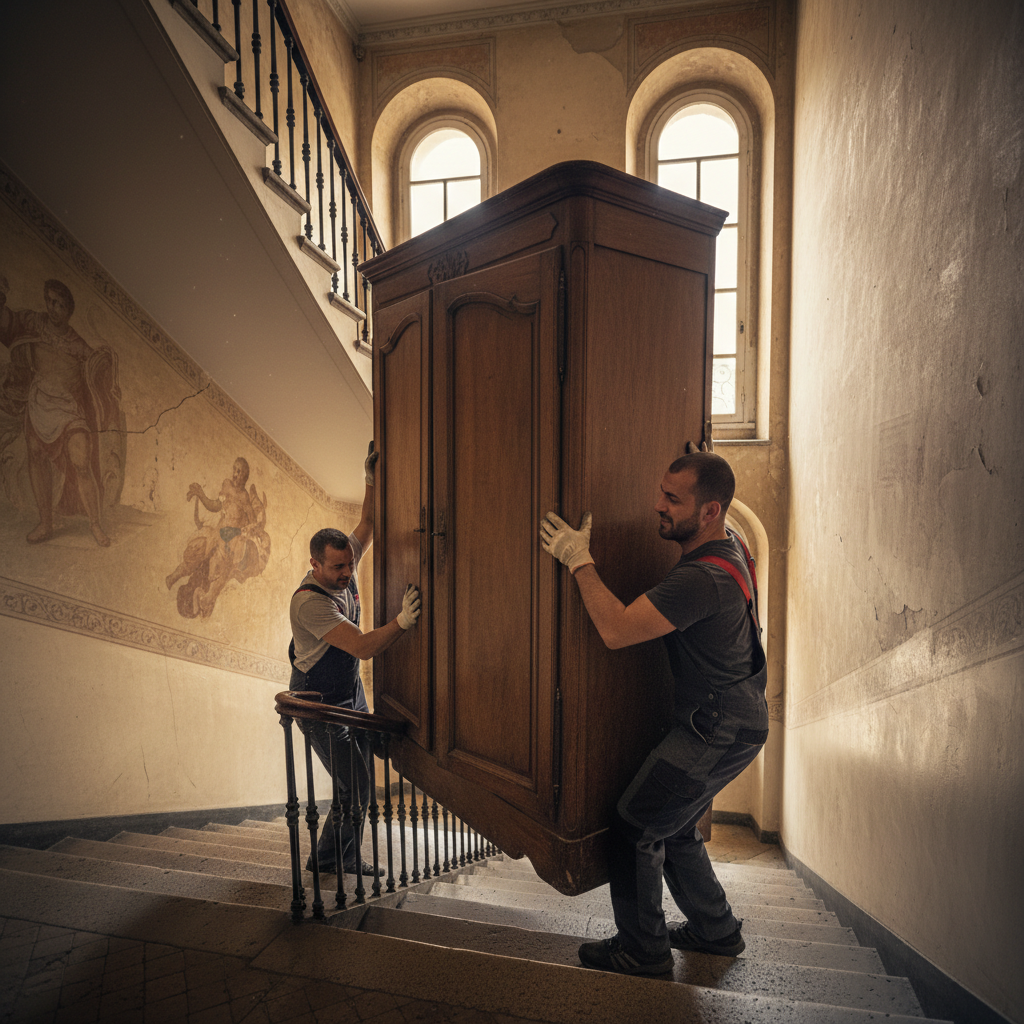Transport d'une armoire dans les escaliers d'un immeuble à Lyon