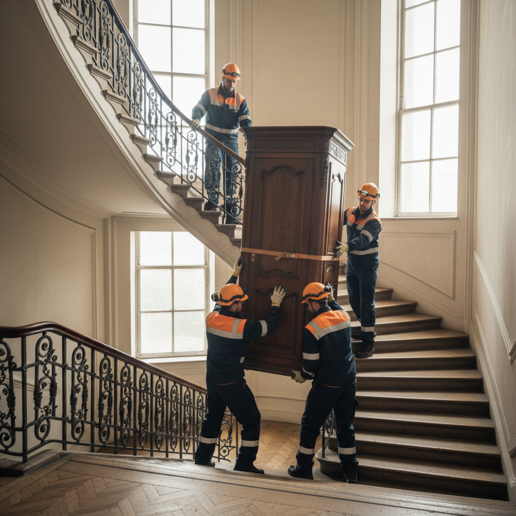 Entreprise débarras Lyon - équipe expérimentée portant une armoire