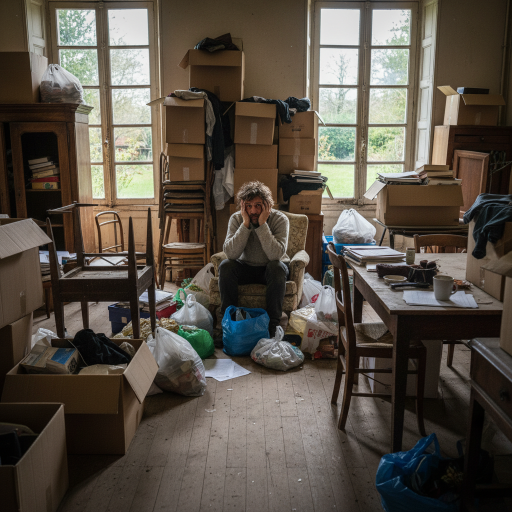 Personne dépassée par le désordre lors d'un débarras de maison