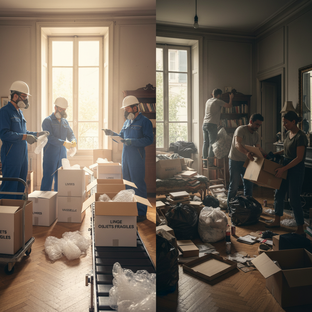 Équipe professionnelle de débarras travaillant méthodiquement