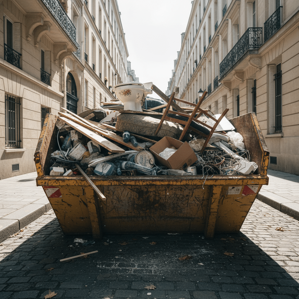 Que peut-on mettre dans une benne tout-venant ? Liste complète 1 Benne tout-venant remplie de déchets mixtes sur un chantier