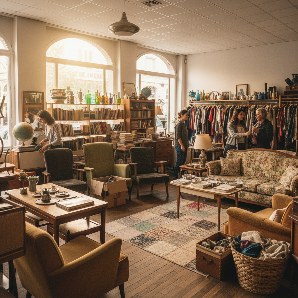 Intérieur d'une boutique solidaire avec meubles et objets donnés à Lyon