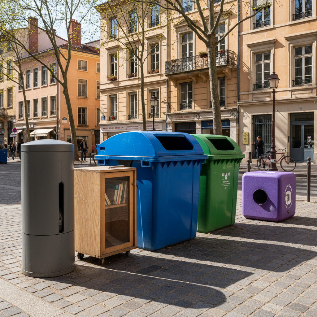 Points de collecte et bornes de dons dans un quartier de Lyon