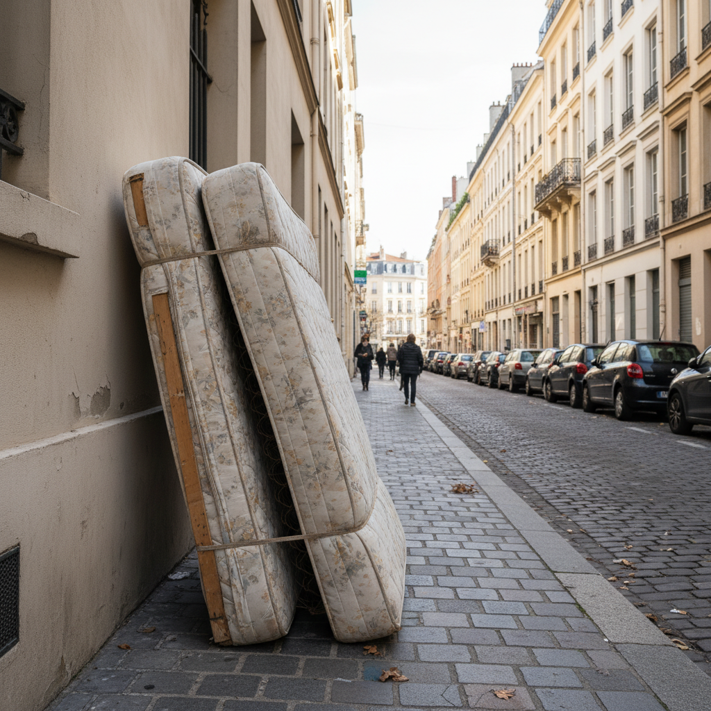 Vieux matelas en attente d'évacuation devant un immeuble lyonnais