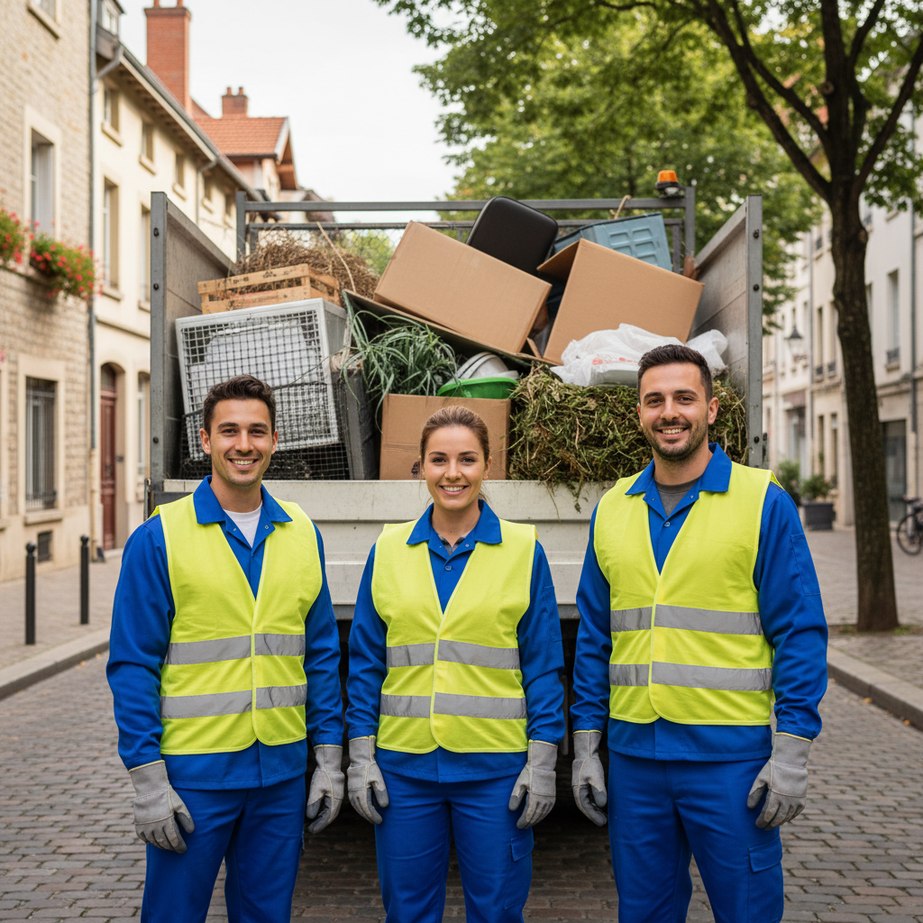 Équipe Derlot Débarras Lyon devant camion utilitaire chargé