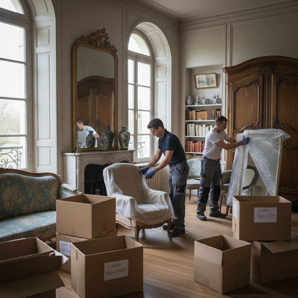Emballage soigneux du mobilier ancien lors d'un vide-maison