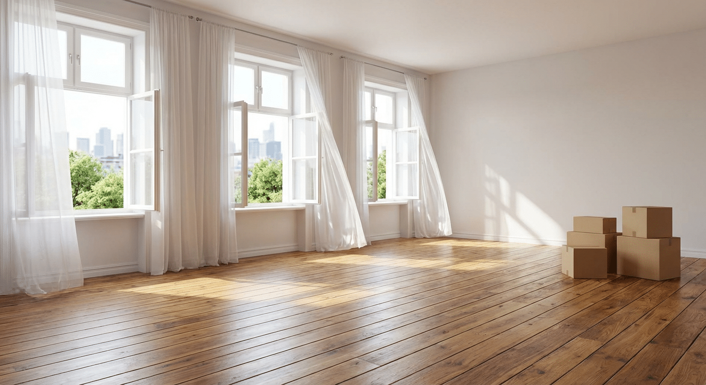 Comment faire vider un appartement gratuitement 4 Appartement vide et propre apres un debarras complet avec parquet et fenetres ouvertes