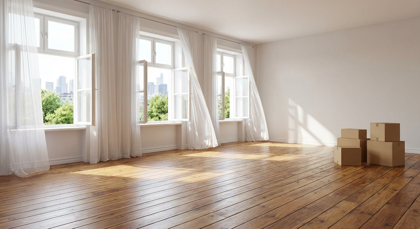 Appartement vide et propre apres un debarras complet avec parquet et fenetres ouvertes