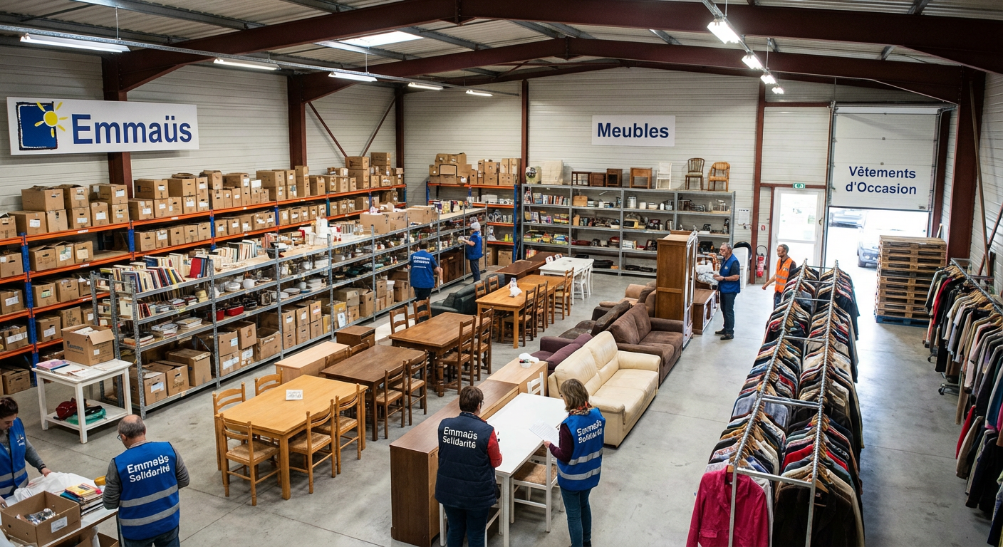 Entrepôt Emmaüs avec meubles et objets donnés triés par catégorie