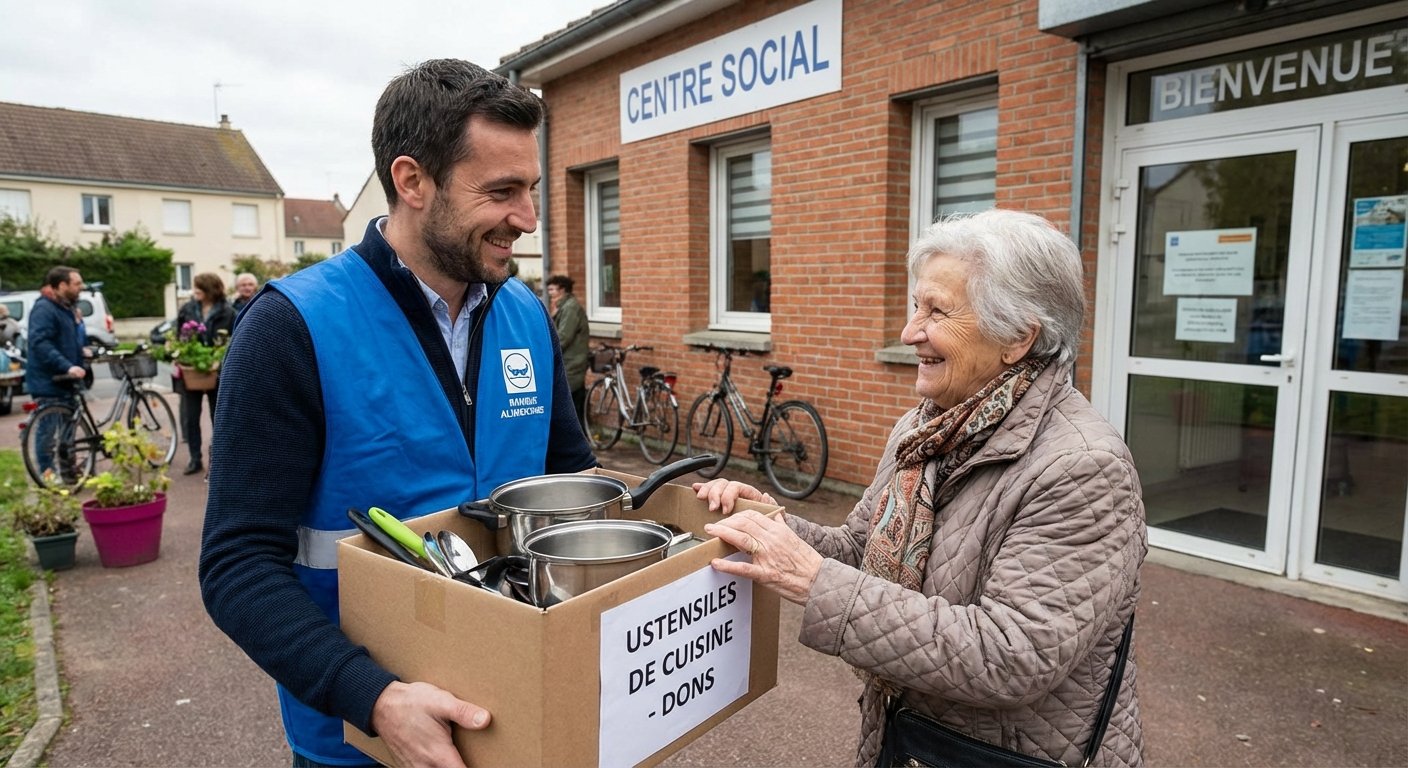 Bénévole remettant un carton de dons à une personne dans le besoin