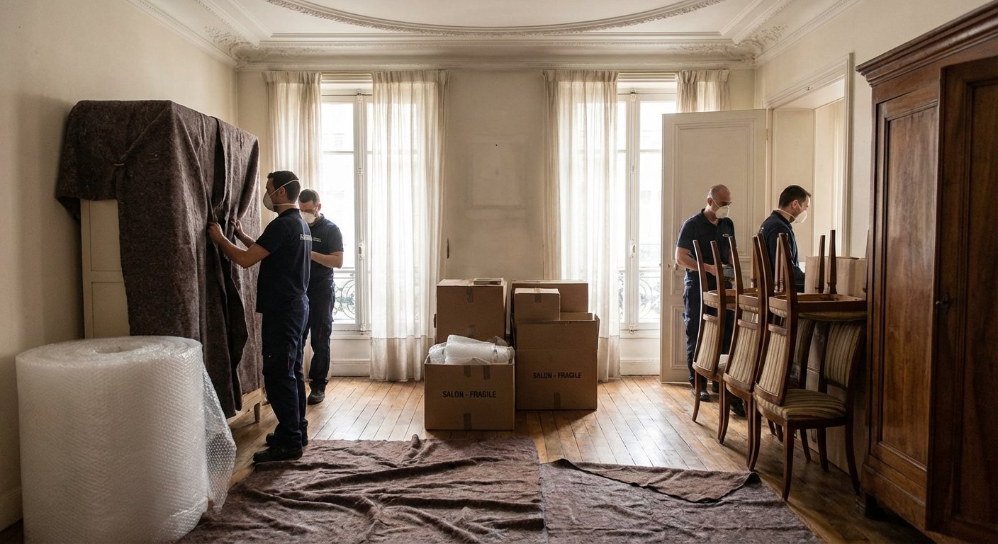 Equipe de debarras emballant du mobilier dans un appartement