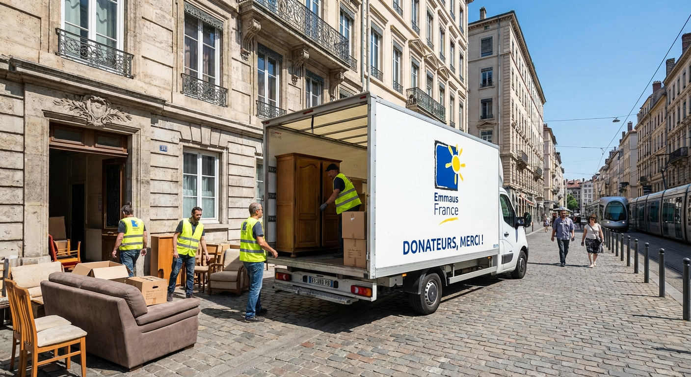 Camion de collecte associatif chargeant des meubles donnes