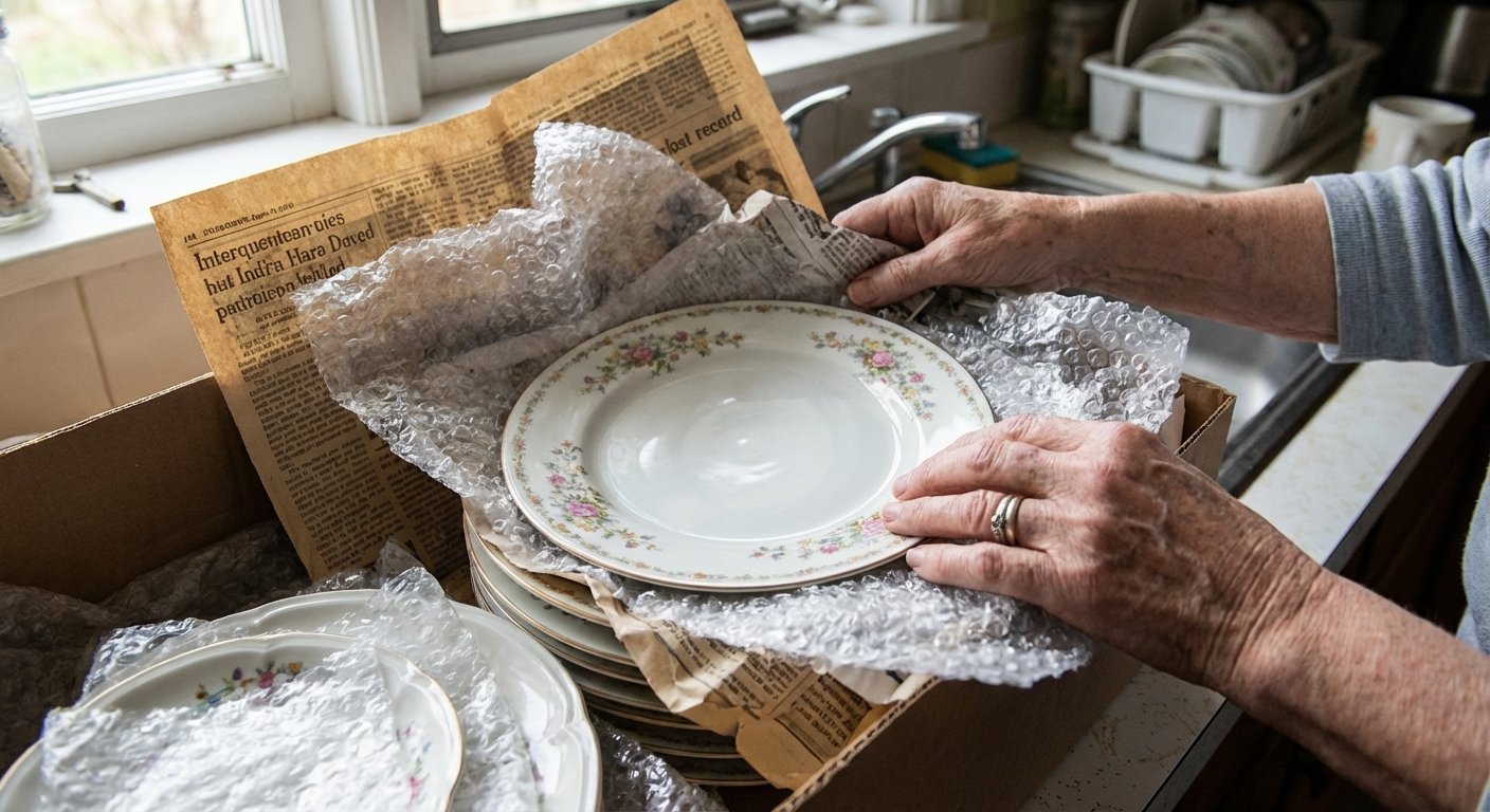 Emballage soigneux de vaisselle ancienne pour don ou revente