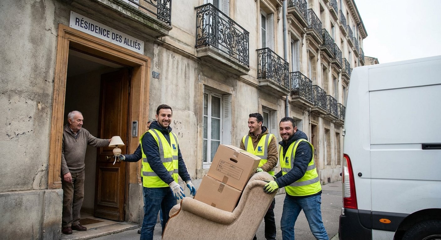 Benevoles d'une association collectant des meubles donnes devant un immeuble
