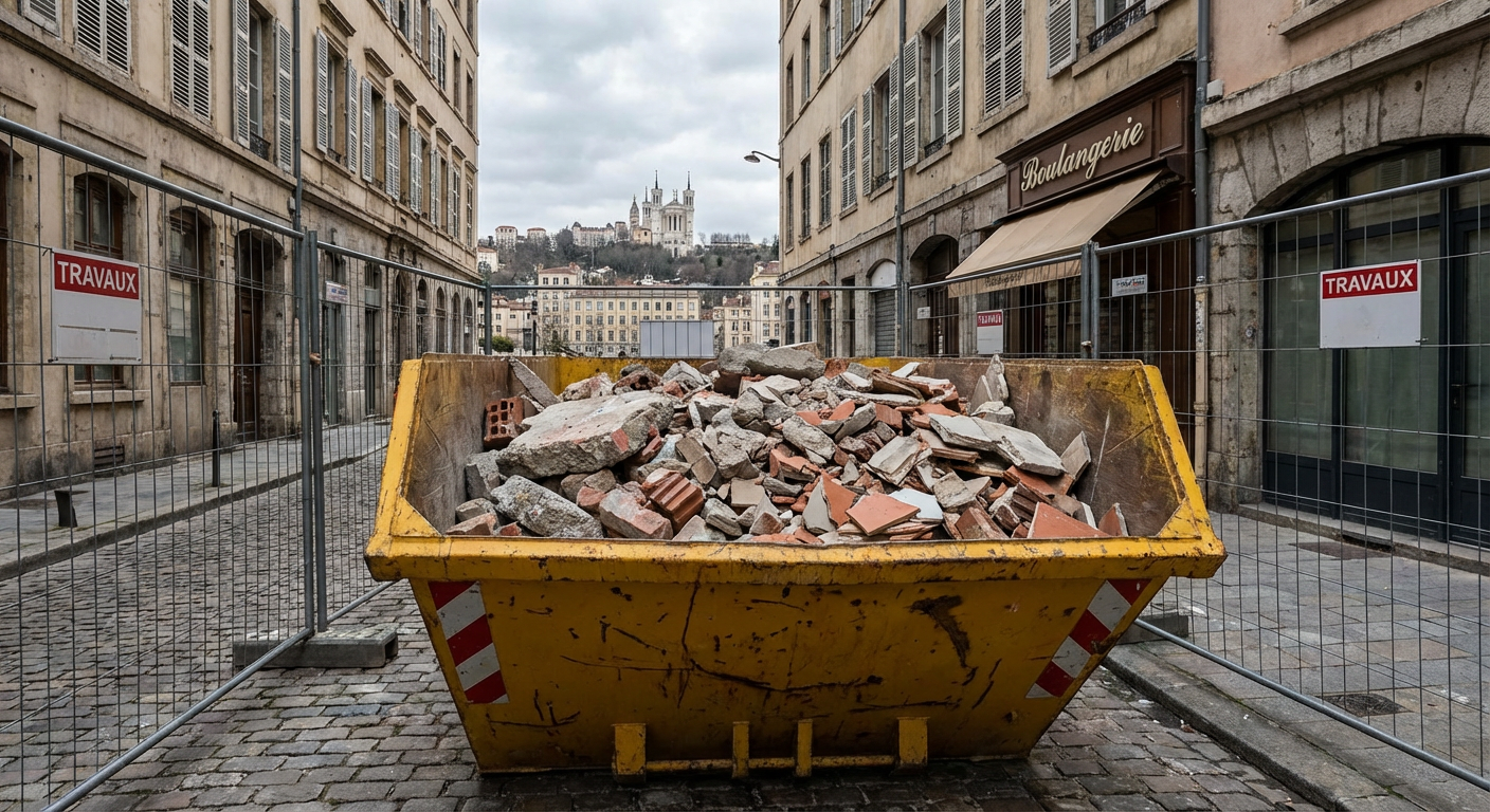 Benne à gravats sur un chantier à Lyon