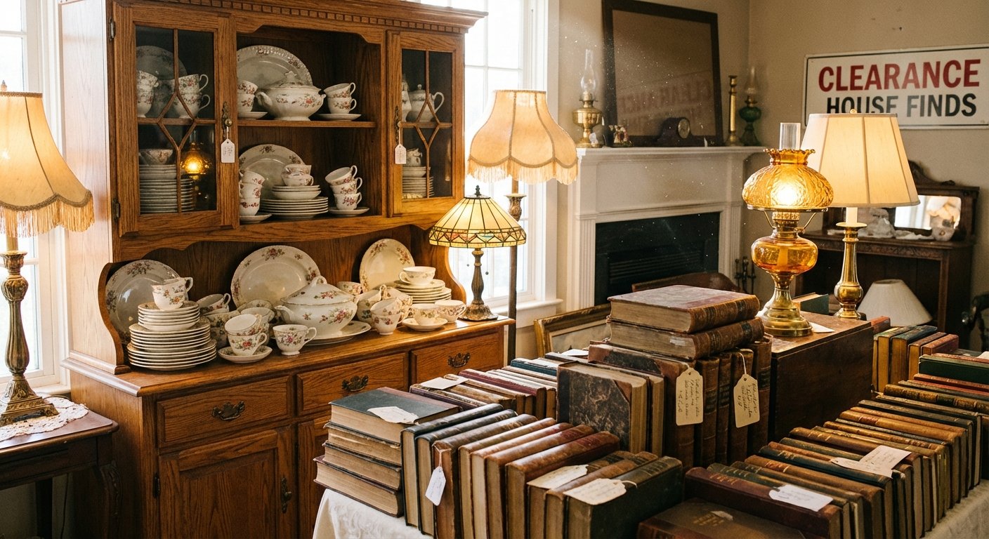 Boutique d'antiquités avec des objets récupérés lors d'un vidage de maison