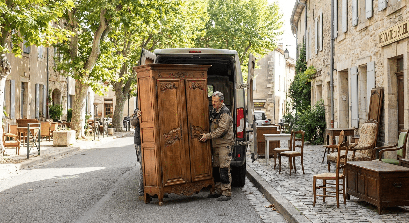 Brocanteur pour vider une maison : avantages et pièges 3 Brocanteur chargeant des meubles anciens dans sa camionnette