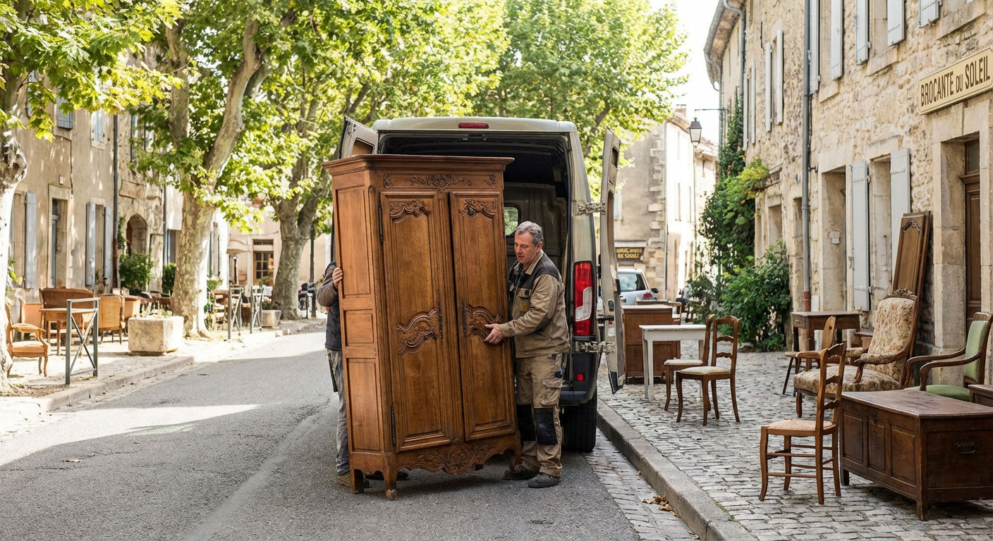 Brocanteur chargeant des meubles anciens dans sa camionnette