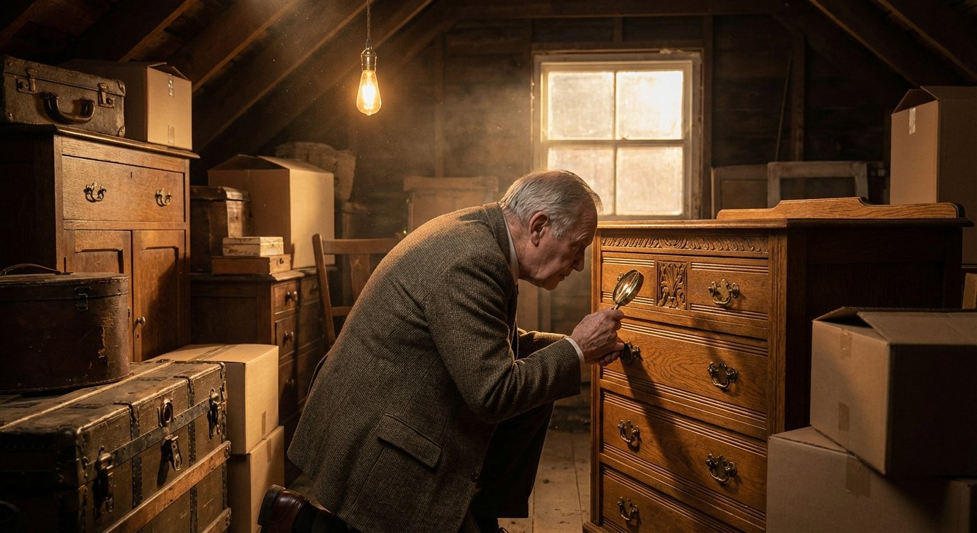 Brocanteur examinant un meuble ancien dans un grenier encombré