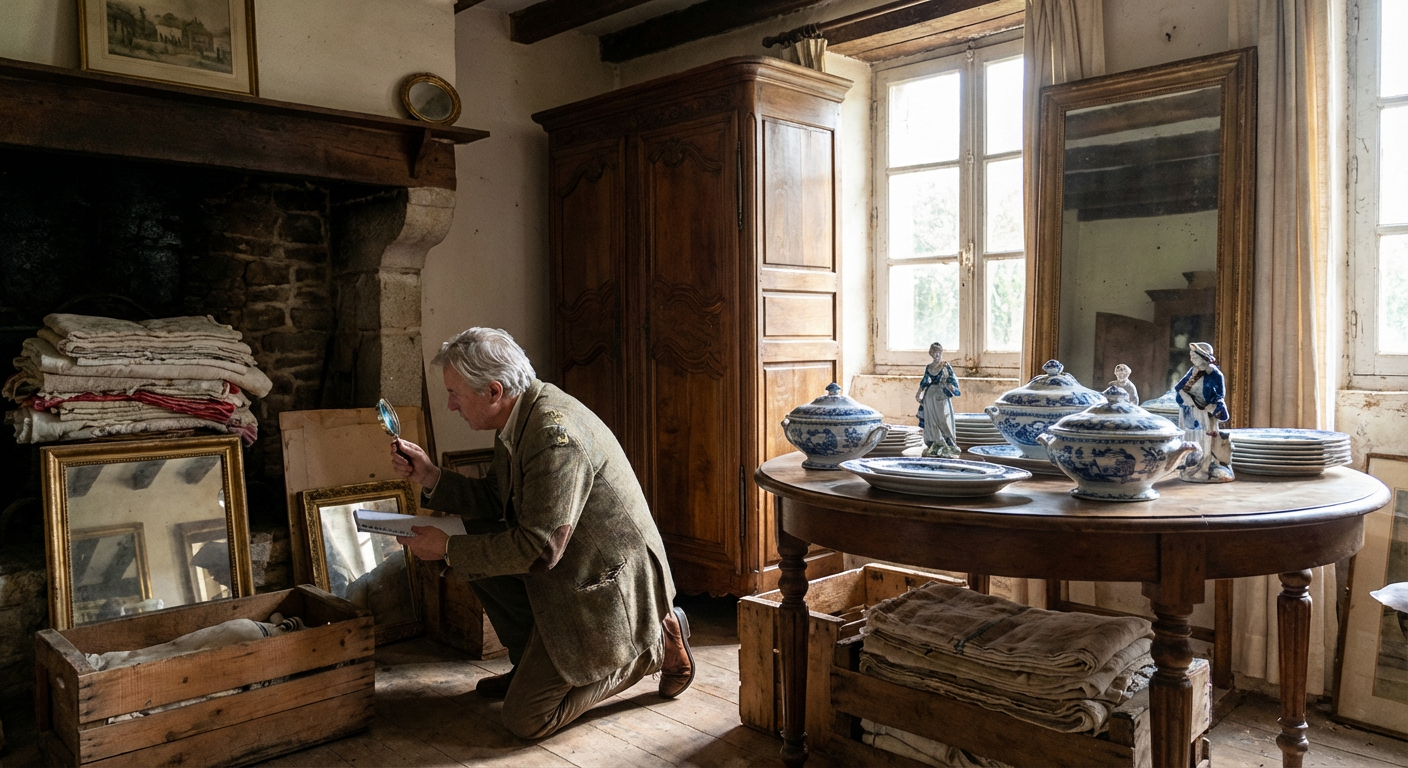 Brocanteur examinant des meubles anciens pour vider une maison à Lyon