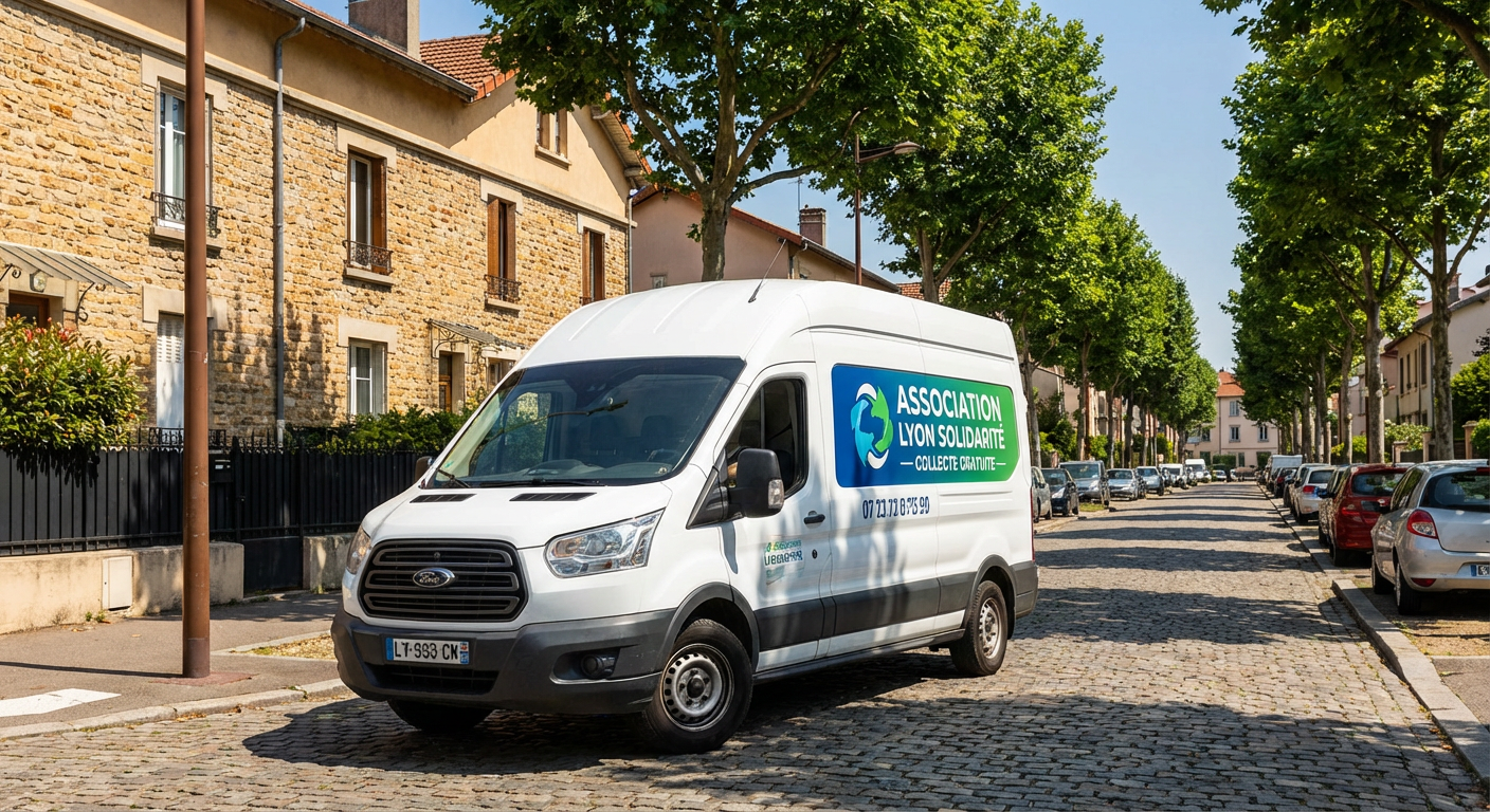 Camion d'association de collecte gratuite dans une rue de Lyon