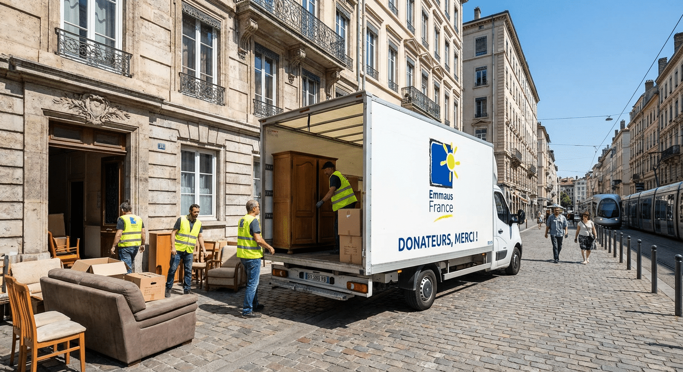 Association pour vider une maison : toutes les options 1 Camion de collecte associatif chargeant des meubles donnes