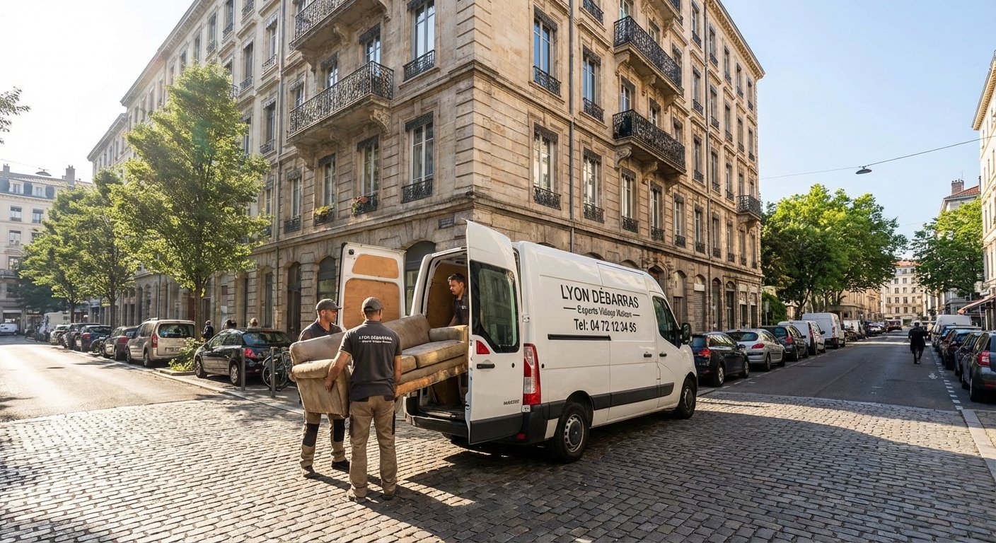 Camion de societe de debarras stationne devant un immeuble lyonnais