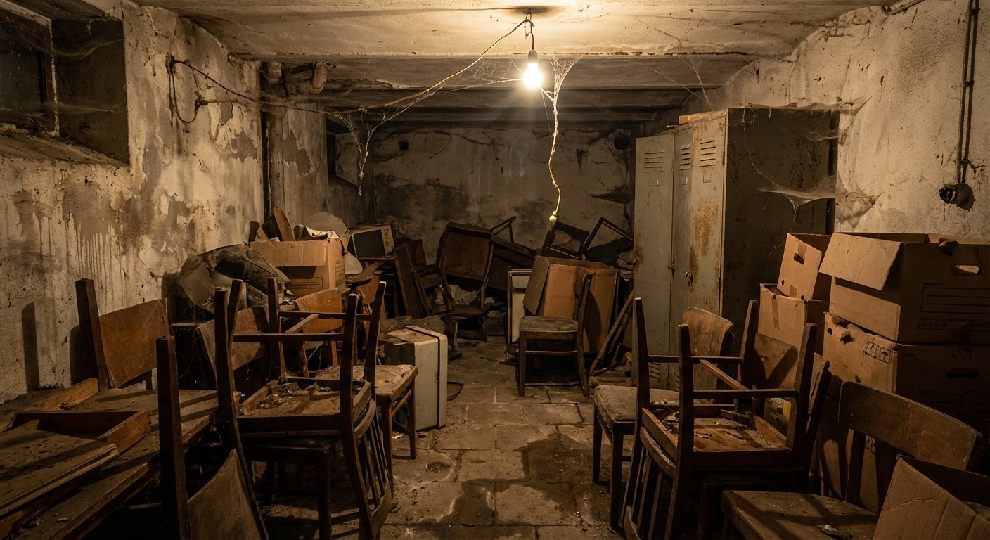 Cave sombre et encombrée de vieux meubles avant intervention de debarras