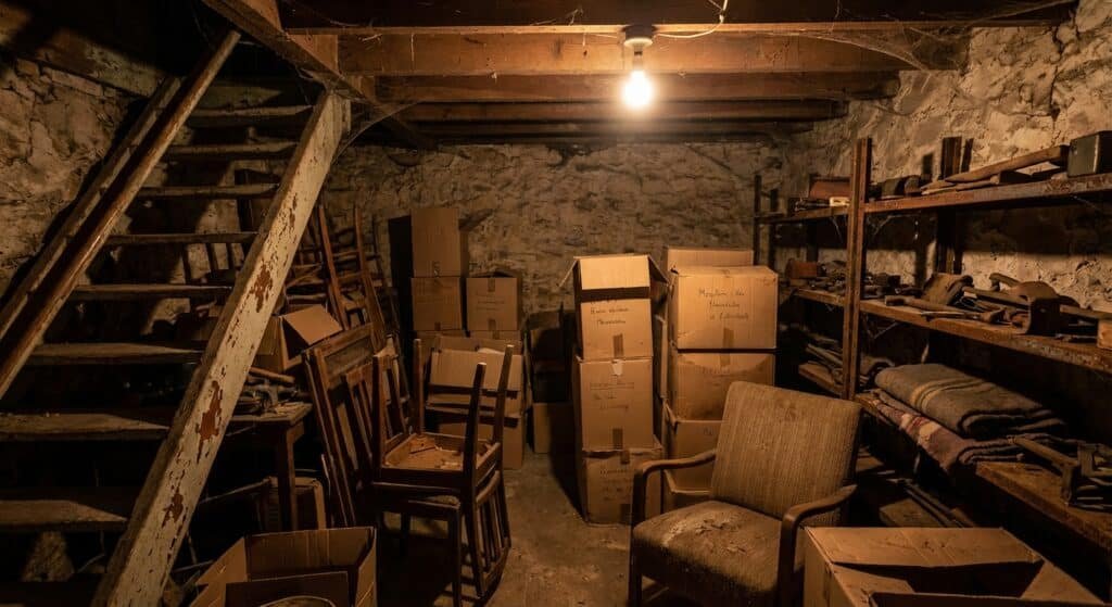 Débarrasse cave et grenier gratuitement : est-ce possible ? 12 Cave encombree de cartons et vieux meubles a debarrasser a Lyon