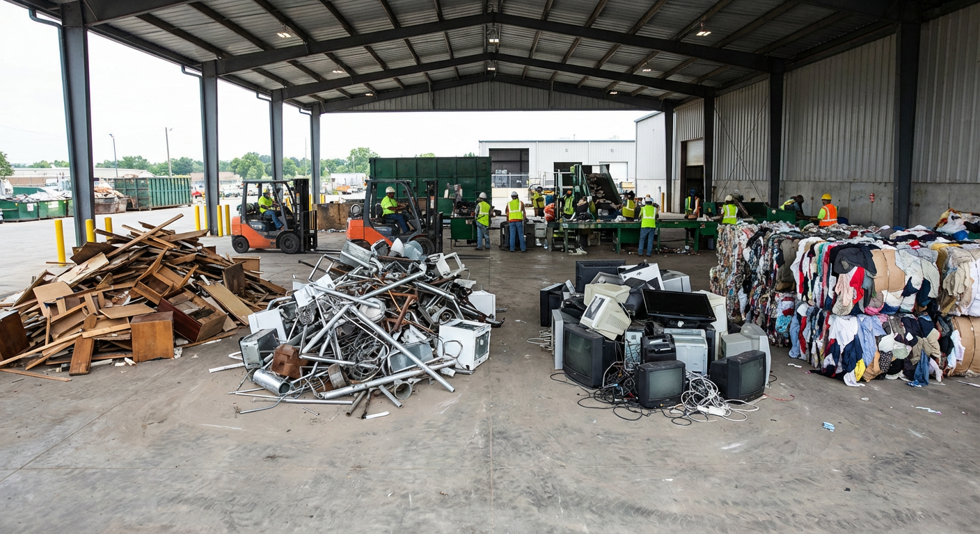 Centre de tri et recyclage avec materiaux separes issus d'un debarras