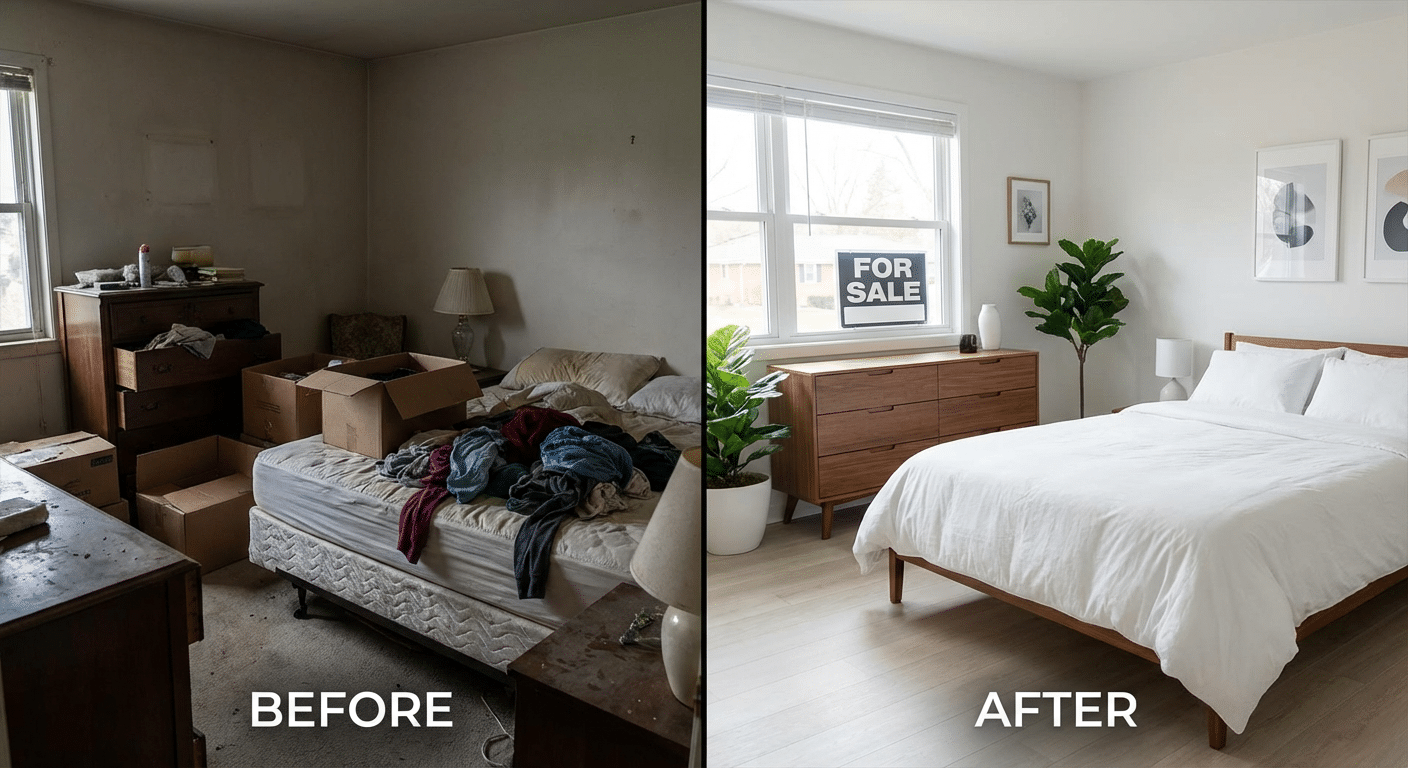 Comment vider une maison pour la vendre sans stress 2 Avant et apres le debarras d'une chambre lors d'une vente immobiliere
