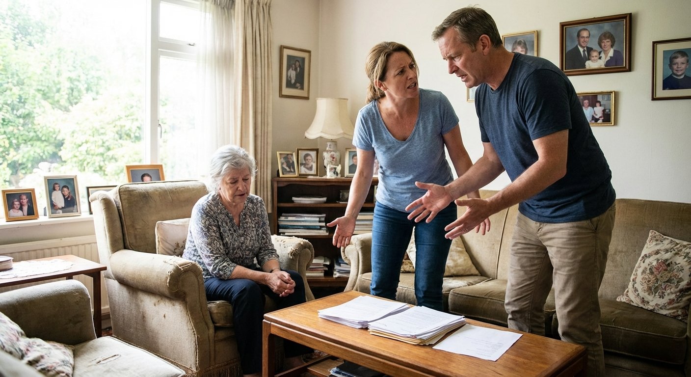 Discussion tendue entre freres et soeurs dans un salon familial au sujet de l'heritage