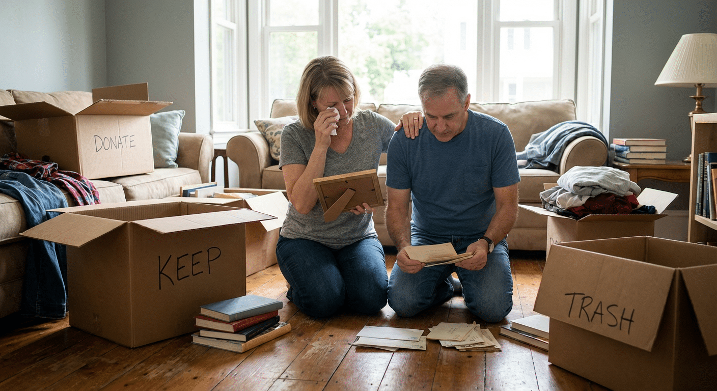 Comment vider une maison pour la vendre sans stress 3 Couple triant ses affaires dans des cartons etiquetes garder donner jeter