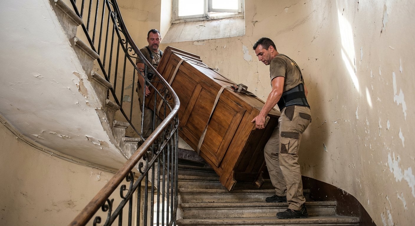 Demenageurs portant une armoire dans un escalier etroit d'immeuble lyonnais