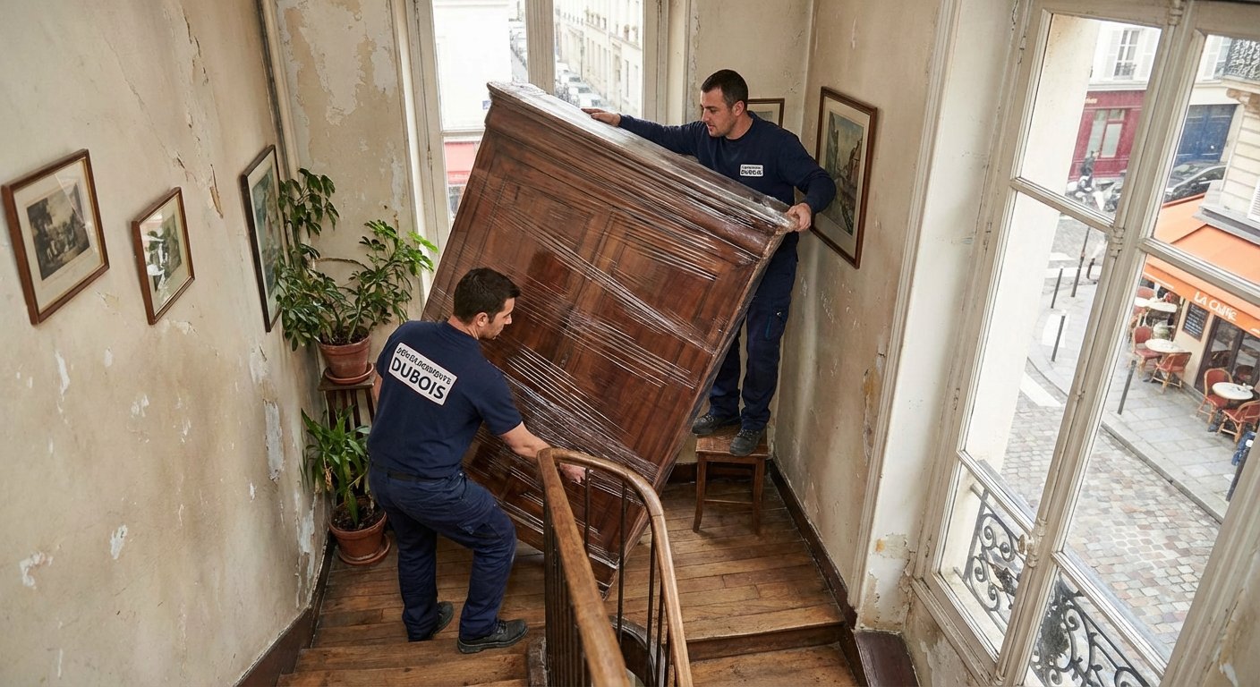 Professionnels du debarras transportant des meubles dans un escalier