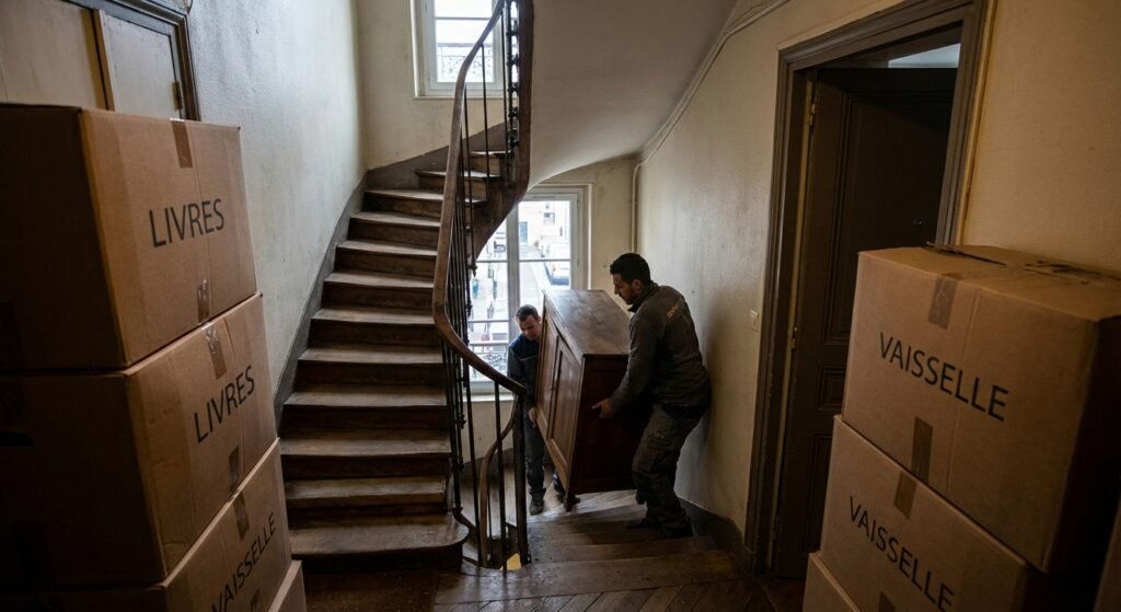 Comment faire vider un appartement gratuitement 15 Demenageurs vidant un appartement en portant des meubles dans un escalier