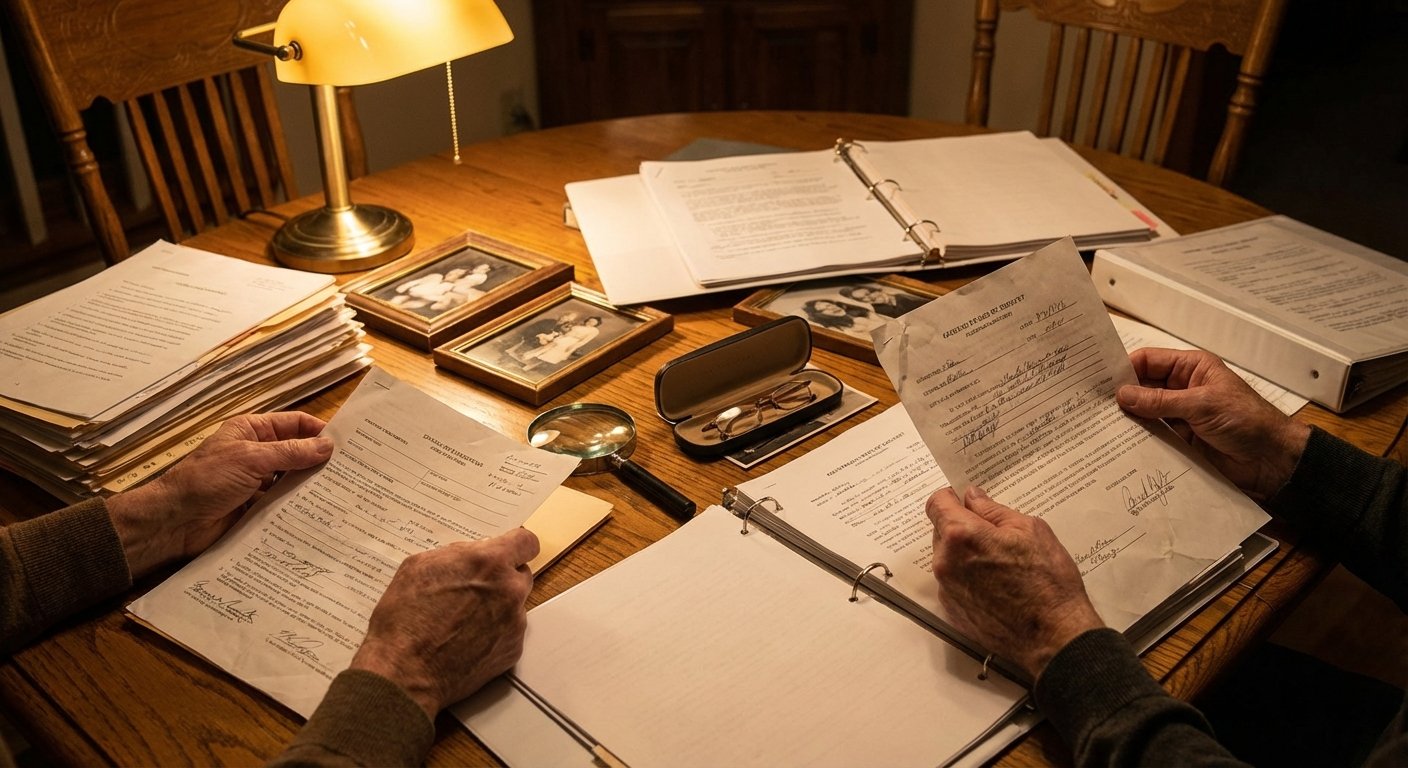 Documents juridiques de succession et photos de famille sur une table