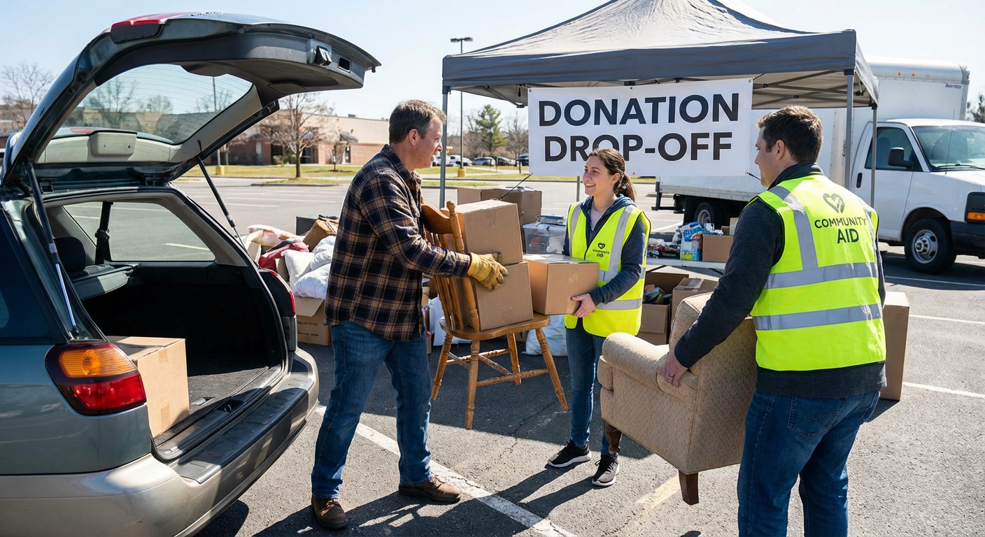 Don de meubles et cartons a des benevoles lors d'une collecte solidaire