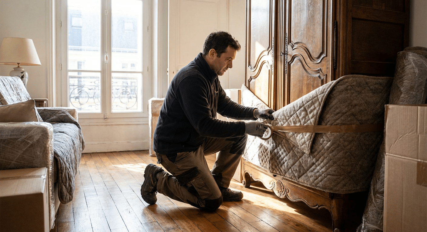 Société de vide maison : comment la choisir à Lyon 1 Professionnel emballant soigneusement du mobilier ancien pour le transport