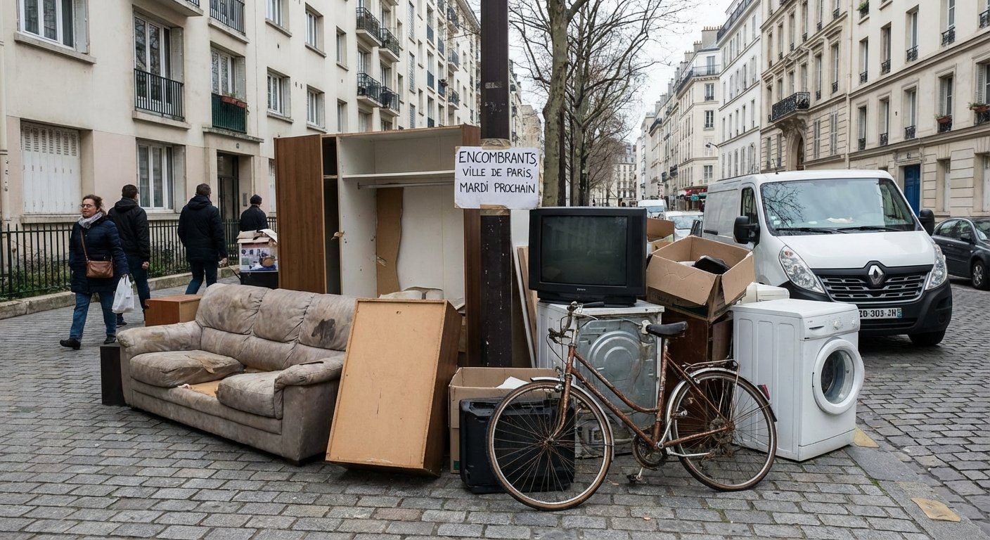 Meubles et encombrants deposes sur le trottoir pour la collecte municipale a Lyon